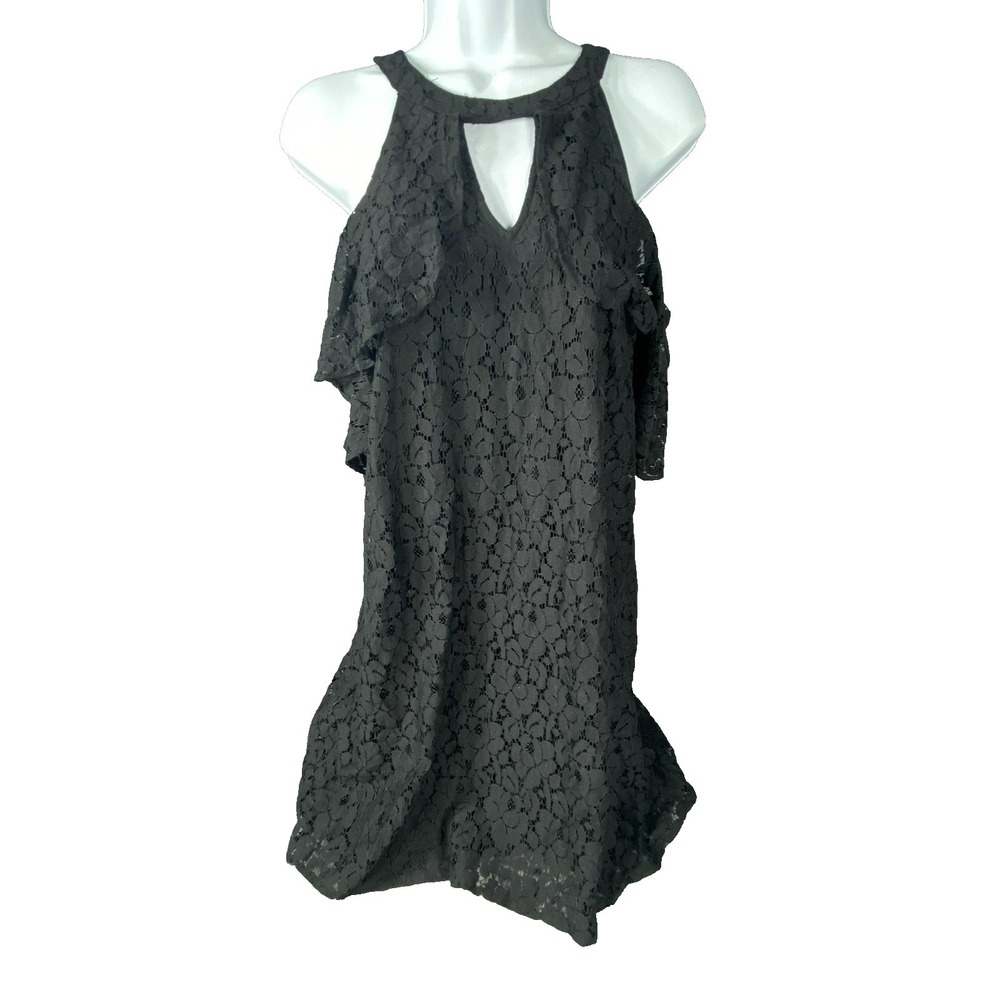 Candies Dress Large Black Cut Out Shoulder Floral Lace Midi Flowy Party Cocktail